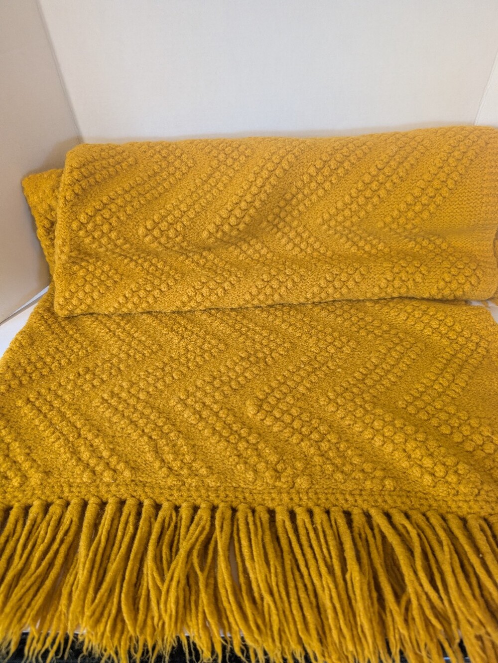 VTG 70s Wool Chevron Afghan Harvest Gold, Handmade Textured Fringe Throw Blanket